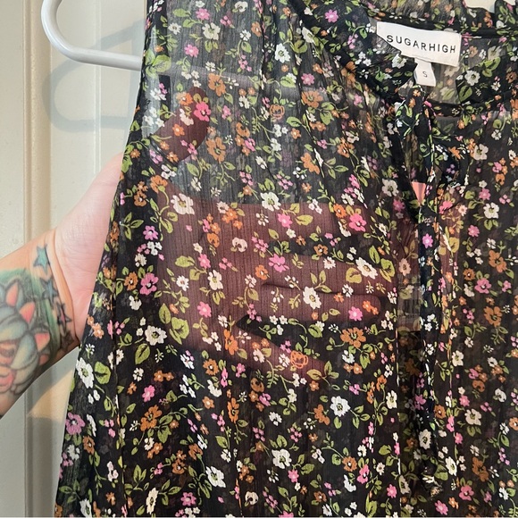 Sugarhigh Juniors Small Tiered Sheer Ditsy Floral Black Mini Dress Boho Prairie - Picture 5 of 14